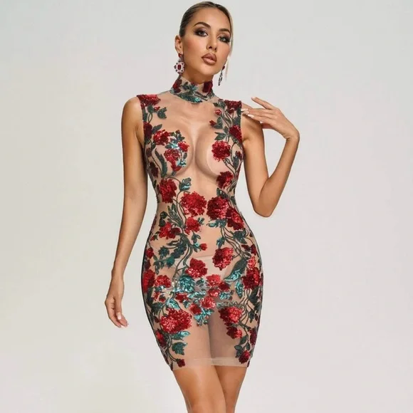 Red Sequin Flowers & Mesh Dress - Picture 15 of 15